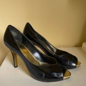 Black Patent Leather Peep Toe Pumps by Anne Klein
